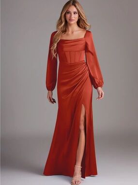 Azazie Rust Satin Long-Sleeve Maxi Dress with Side Slit